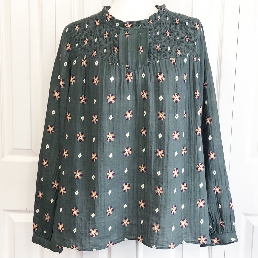 NWT Sonoma Gray Floral Print Smocked High Neck Peasant Blouse XXL